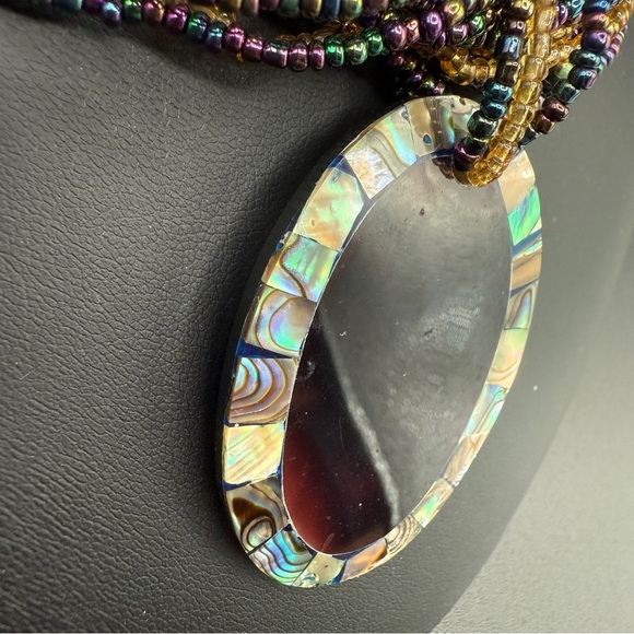 Multicolor Iridescent Seed Beaded Necklace with Large Abalone Shell Pendant - Picture 5 of 17